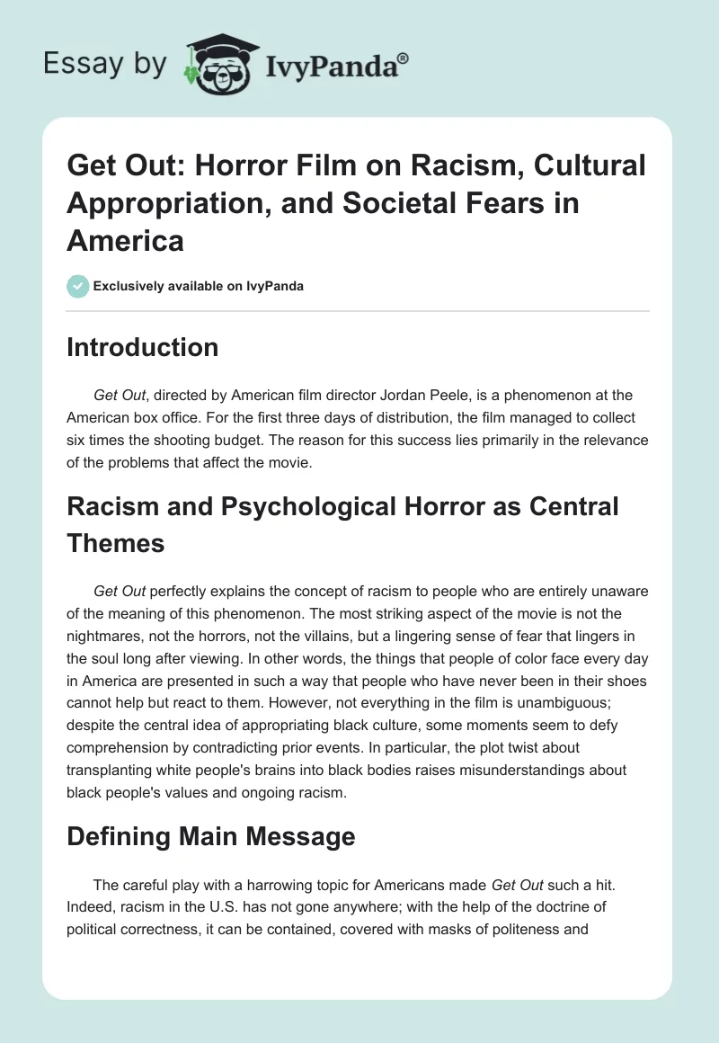 Get Out: Horror Film on Racism, Cultural Appropriation, and Societal Fears in America. Page 1