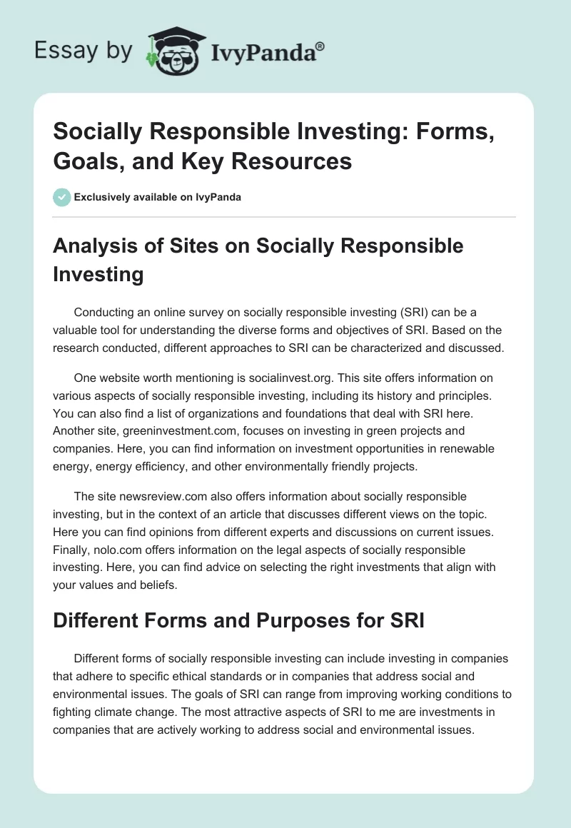 Socially Responsible Investing: Forms, Goals, and Key Resources. Page 1