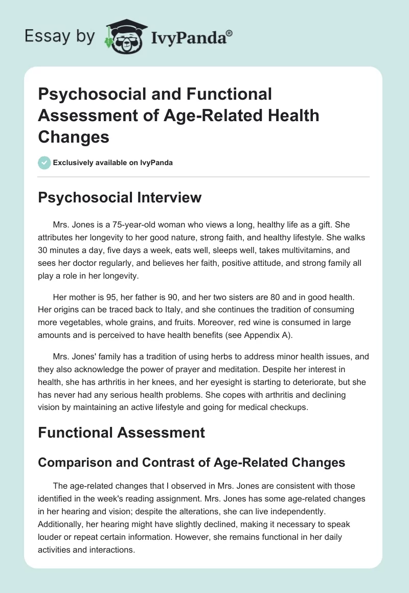 Psychosocial and Functional Assessment of Age-Related Health Changes. Page 1