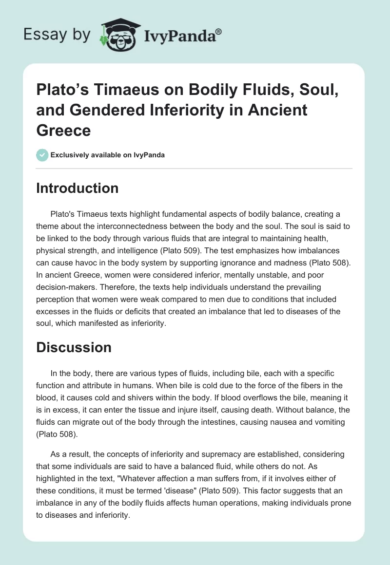 Plato’s Timaeus on Bodily Fluids, Soul, and Gendered Inferiority in Ancient Greece. Page 1