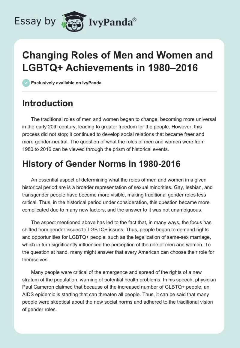 Changing Roles of Men and Women and LGBTQ+ Achievements in 1980–2016. Page 1