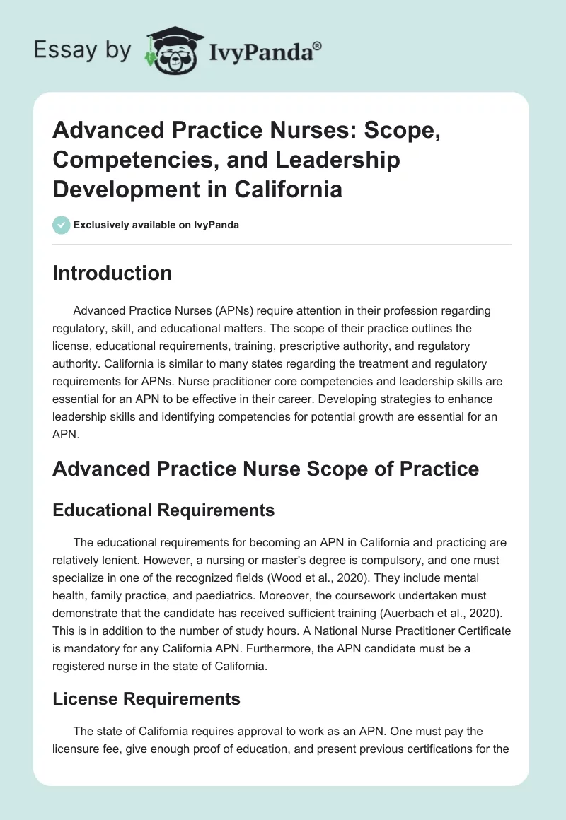 Advanced Practice Nurses: Scope, Competencies, and Leadership Development in California. Page 1