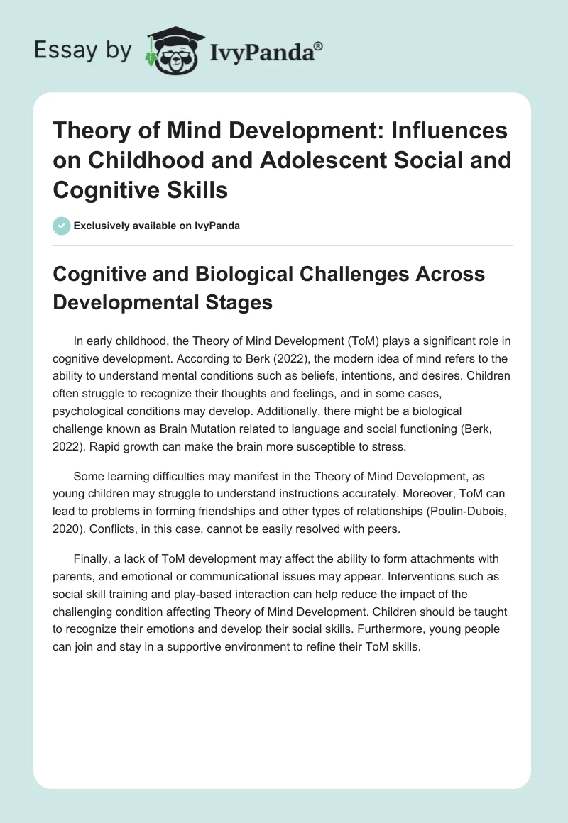 Theory of Mind Development: Influences on Childhood and Adolescent Social and Cognitive Skills. Page 1