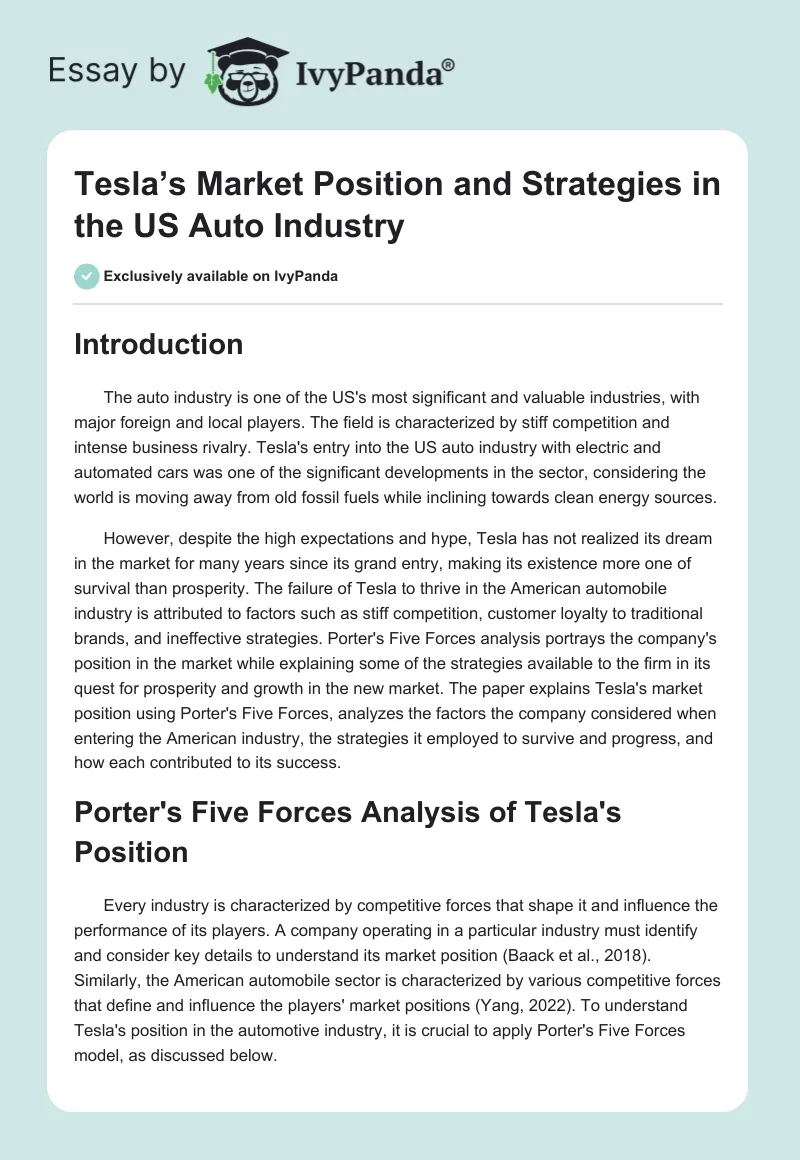 Tesla’s Market Position and Strategies in the US Auto Industry. Page 1