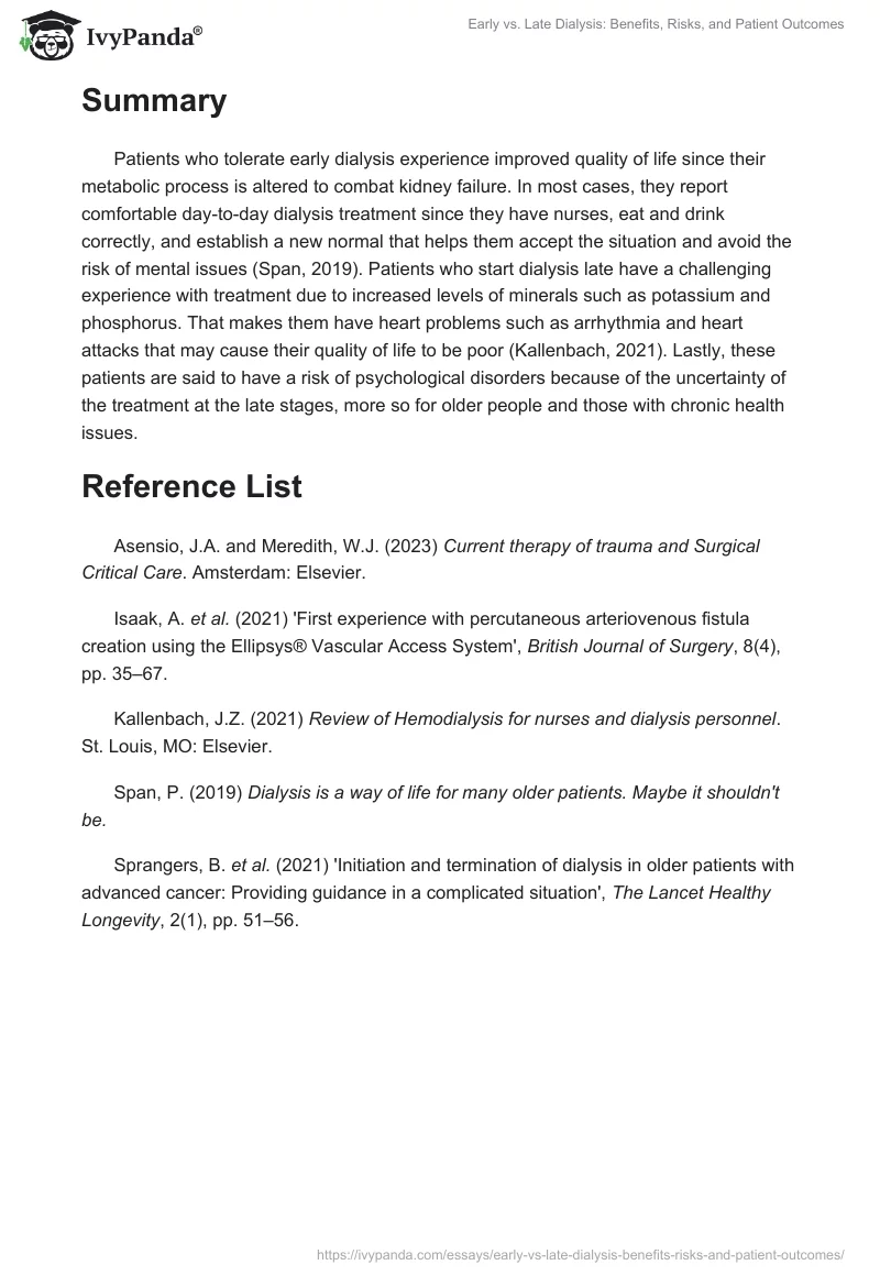 Early vs. Late Dialysis: Benefits, Risks, and Patient Outcomes. Page 2
