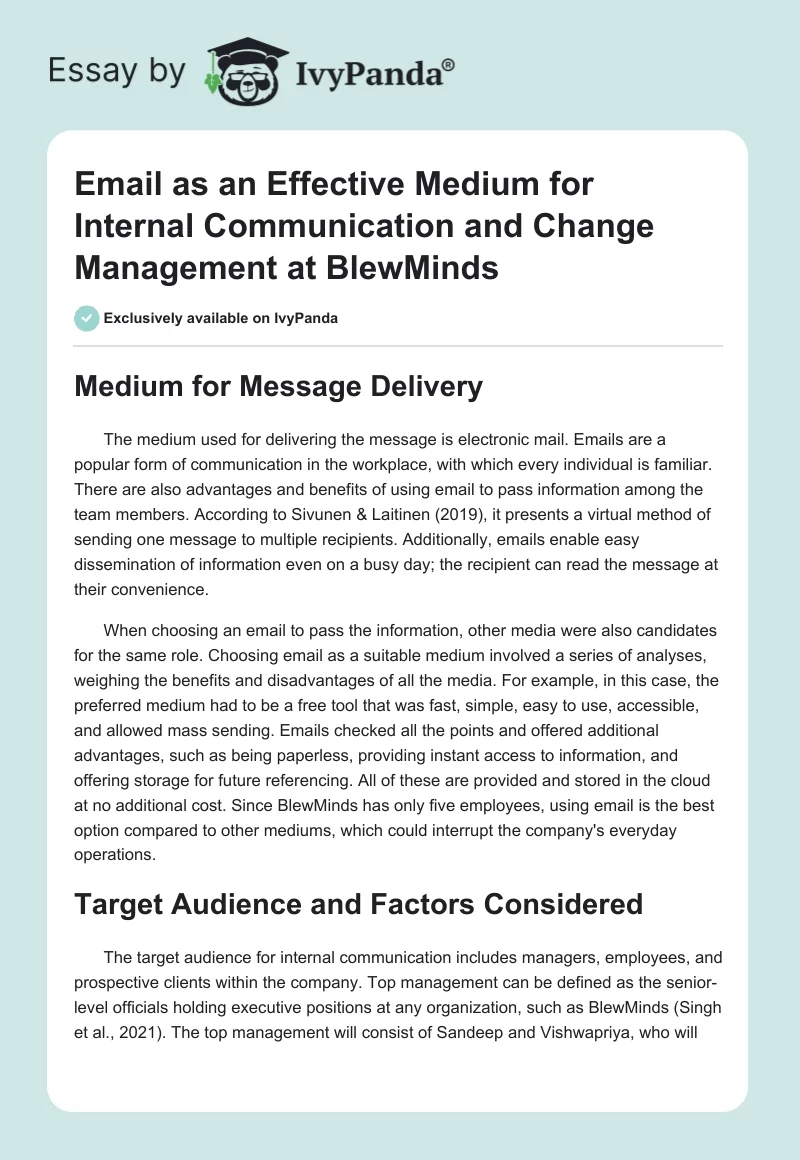Email as an Effective Medium for Internal Communication and Change Management at BlewMinds. Page 1