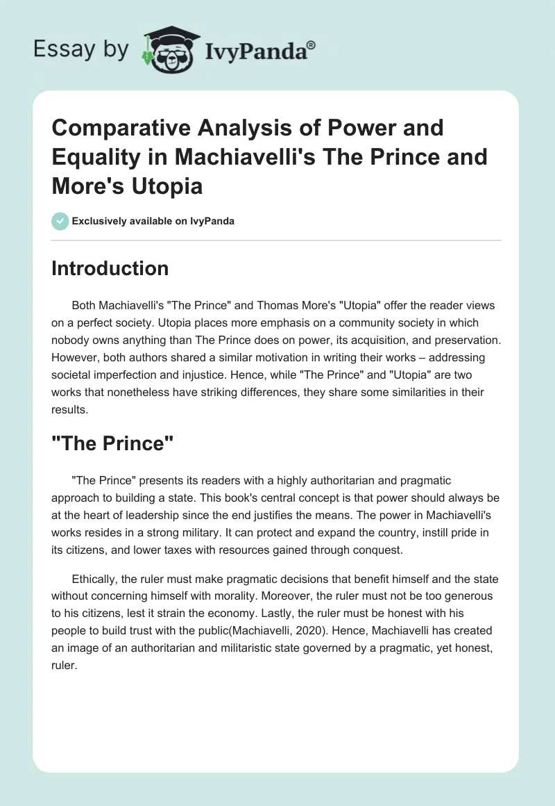 Comparative Analysis of Power and Equality in Machiavelli's The Prince and More's Utopia. Page 1