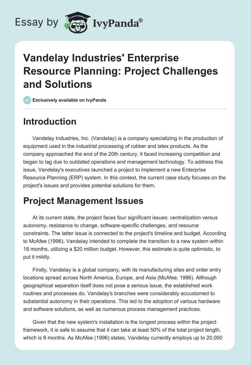 Vandelay Industries' Enterprise Resource Planning: Project Challenges and Solutions. Page 1