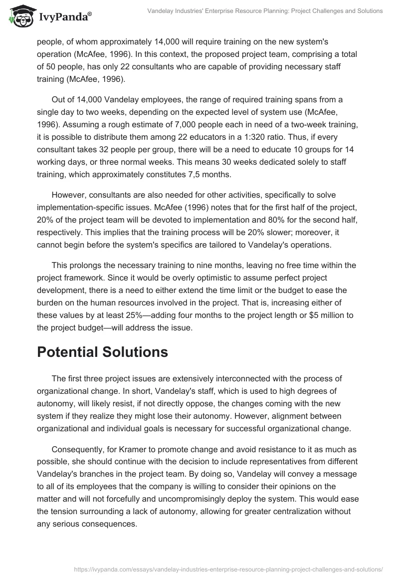 Vandelay Industries' Enterprise Resource Planning: Project Challenges and Solutions. Page 2