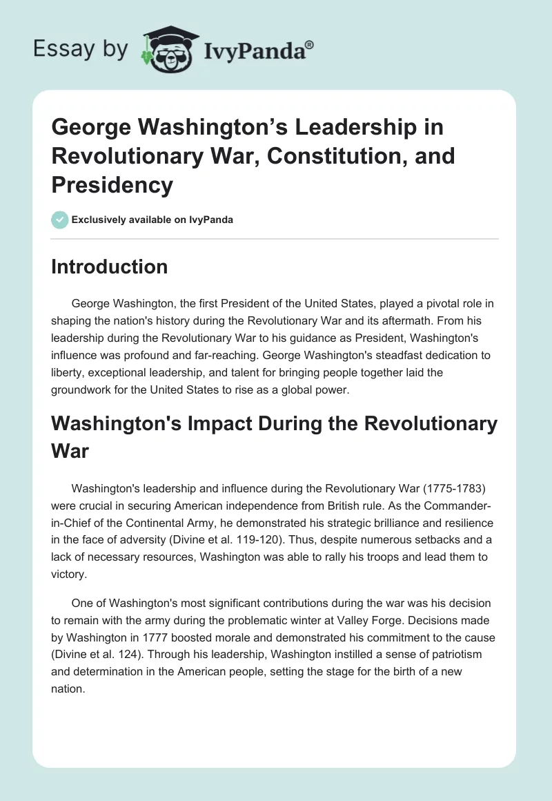 George Washington’s Leadership in Revolutionary War, Constitution, and Presidency. Page 1