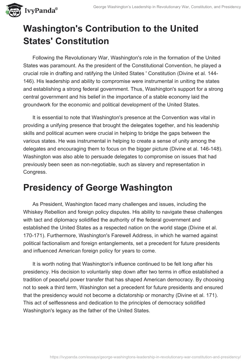 George Washington’s Leadership in Revolutionary War, Constitution, and Presidency. Page 2