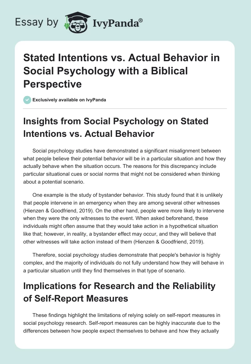 Stated Intentions vs. Actual Behavior in Social Psychology with a Biblical Perspective. Page 1