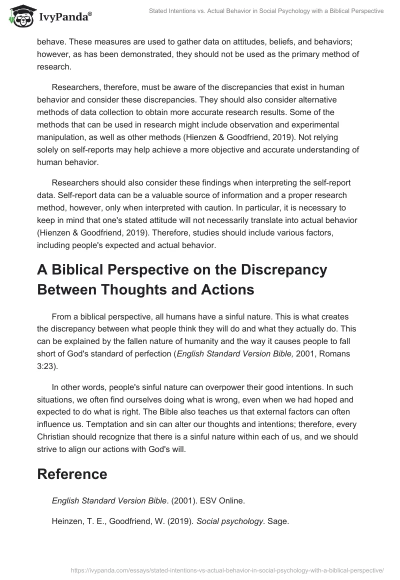 Stated Intentions vs. Actual Behavior in Social Psychology with a Biblical Perspective. Page 2
