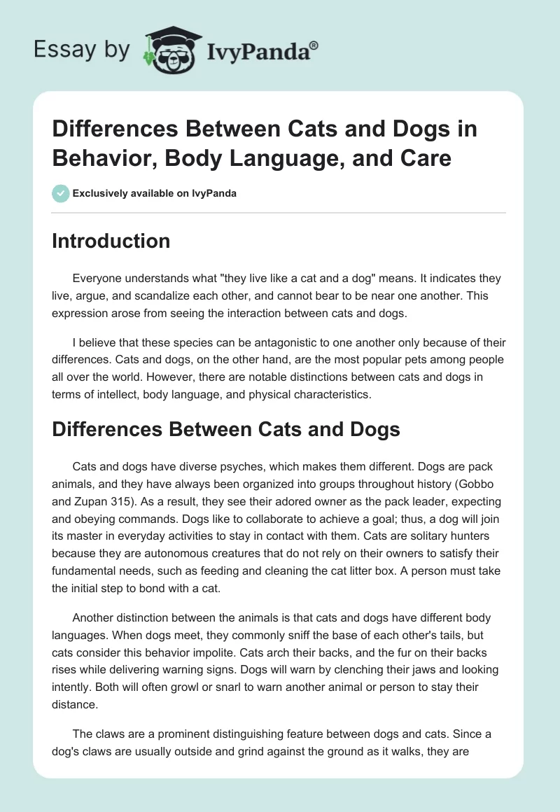 Differences Between Cats and Dogs in Behavior, Body Language, and Care. Page 1