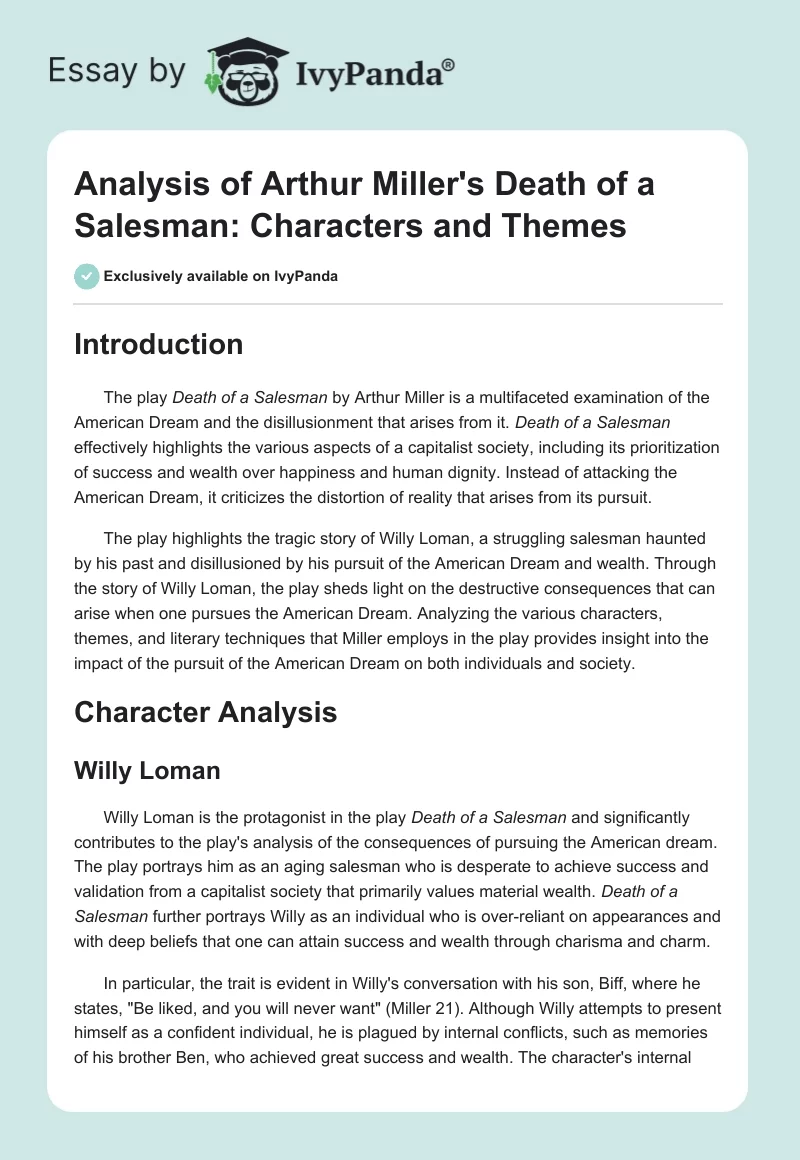 Analysis of Arthur Miller's Death of a Salesman: Characters and Themes. Page 1