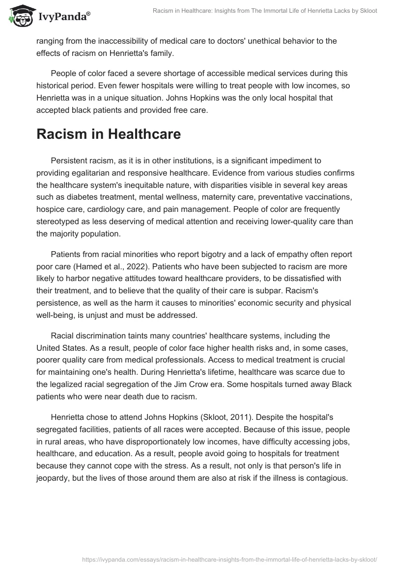Racism in Healthcare: Insights from "The Immortal Life of Henrietta Lacks" by Skloot. Page 2