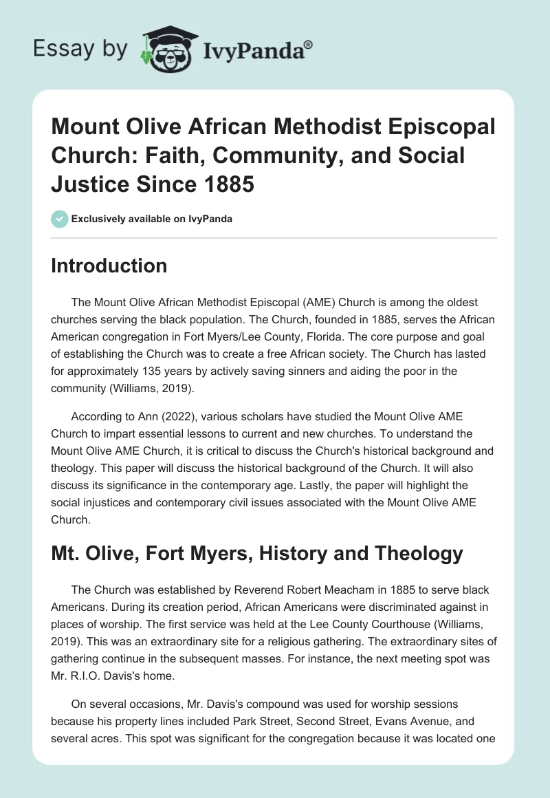 Mount Olive African Methodist Episcopal Church: Faith, Community, and Social Justice Since 1885. Page 1