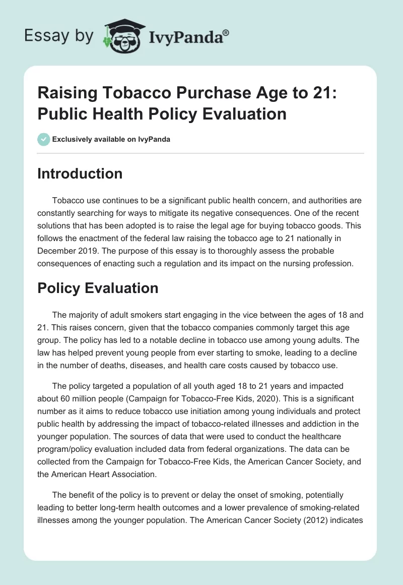 Raising Tobacco Purchase Age to 21: Public Health Policy Evaluation. Page 1