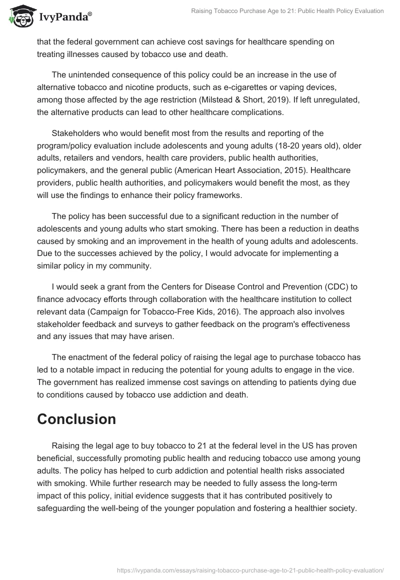 Raising Tobacco Purchase Age to 21: Public Health Policy Evaluation. Page 2