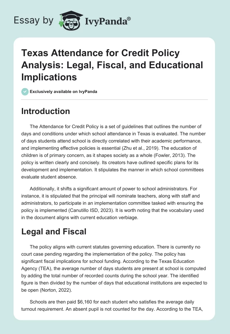 Texas Attendance for Credit Policy Analysis: Legal, Fiscal, and Educational Implications. Page 1