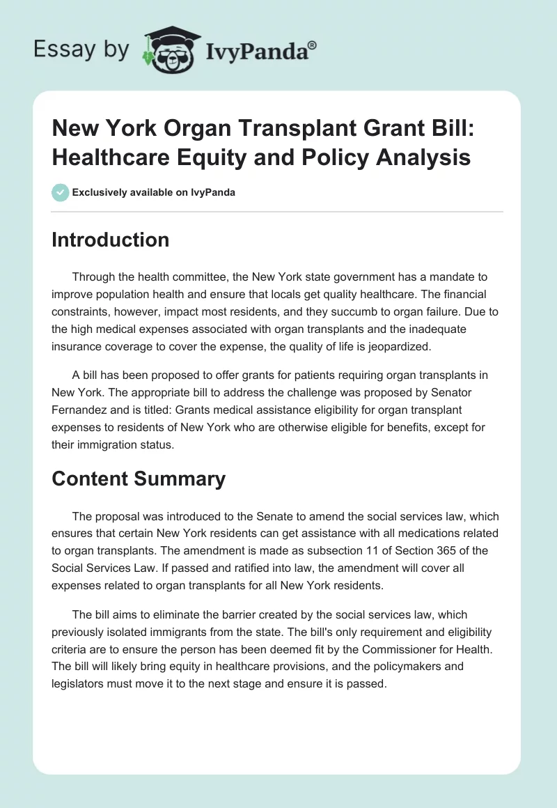 New York Organ Transplant Grant Bill: Healthcare Equity and Policy Analysis. Page 1