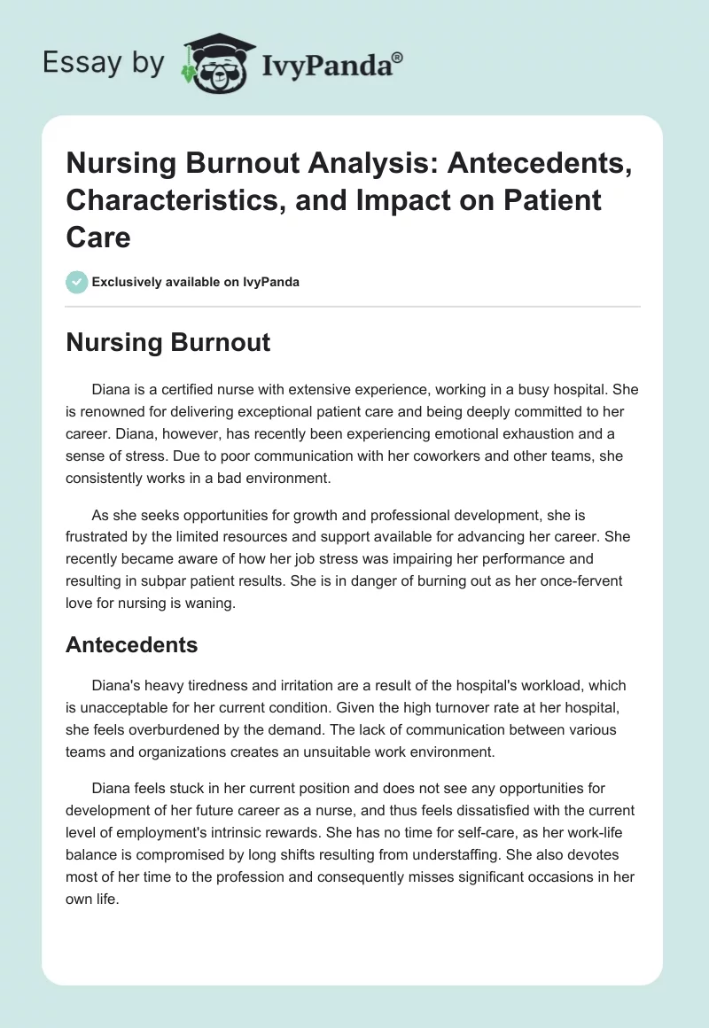Nursing Burnout Analysis: Antecedents, Characteristics, and Impact on Patient Care. Page 1