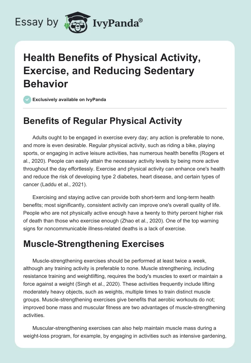 Health Benefits of Physical Activity, Exercise, and Reducing Sedentary Behavior. Page 1
