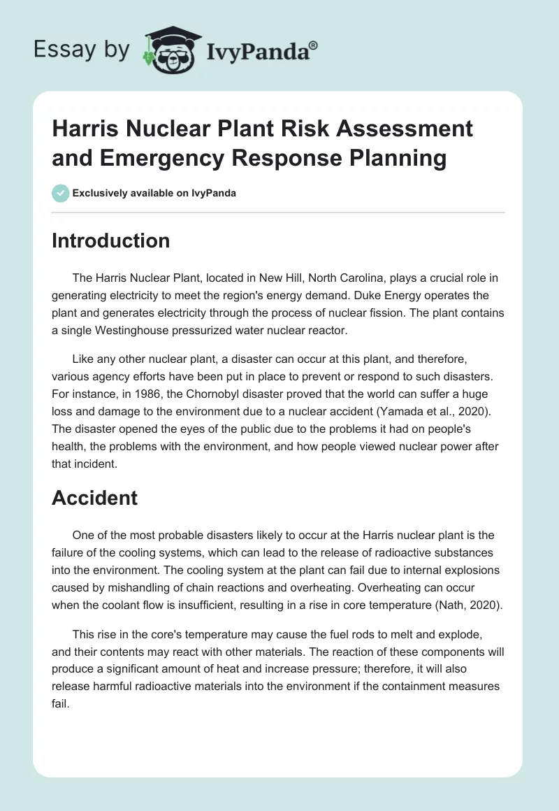 Harris Nuclear Plant Risk Assessment and Emergency Response Planning. Page 1