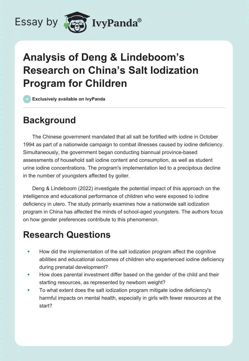 Analysis of Deng & Lindeboom’s Research on China’s Salt Iodization Program for Children. Page 1