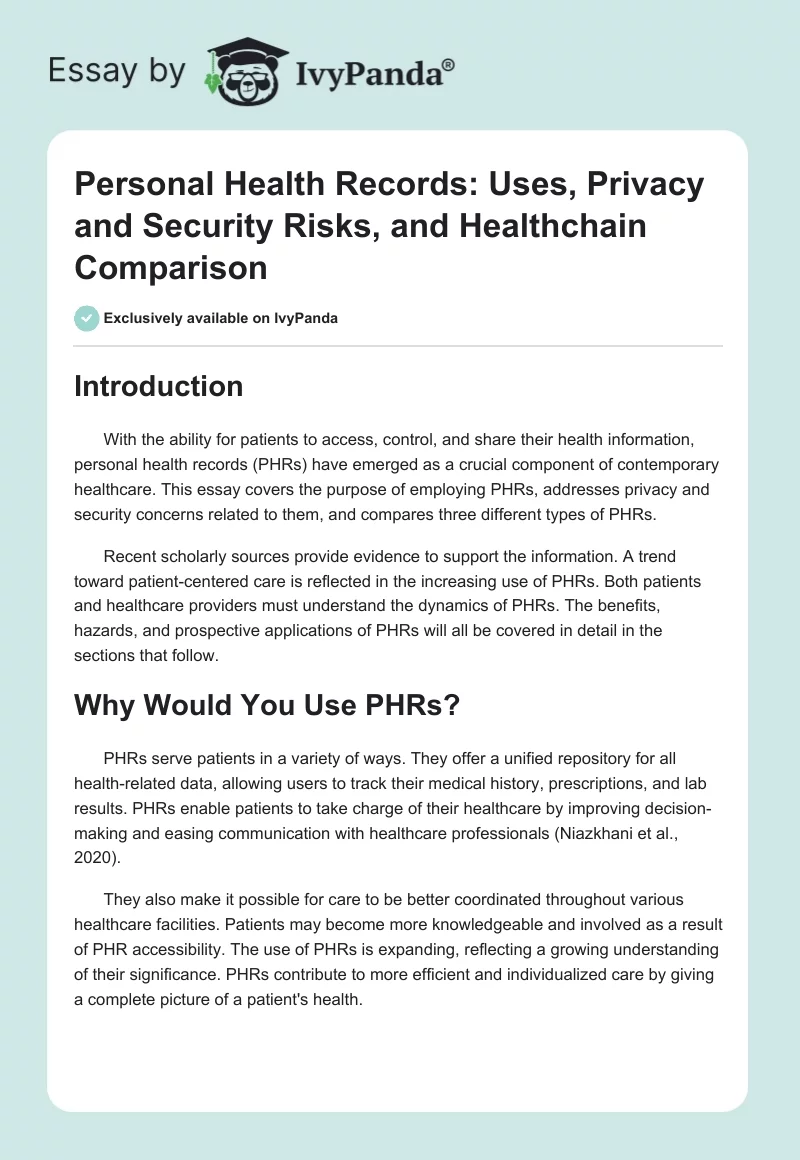 Personal Health Records: Uses, Privacy and Security Risks, and Healthchain Comparison. Page 1