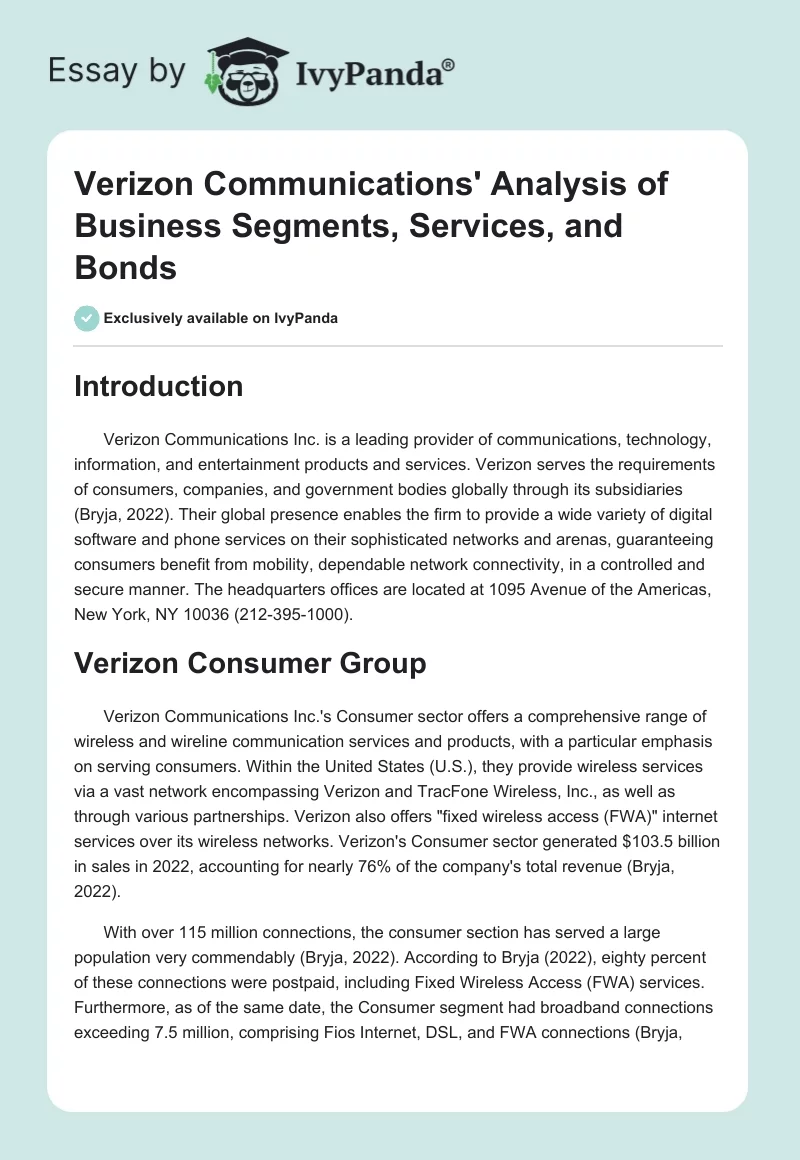 Verizon Communications' Analysis of Business Segments, Services, and Bonds. Page 1