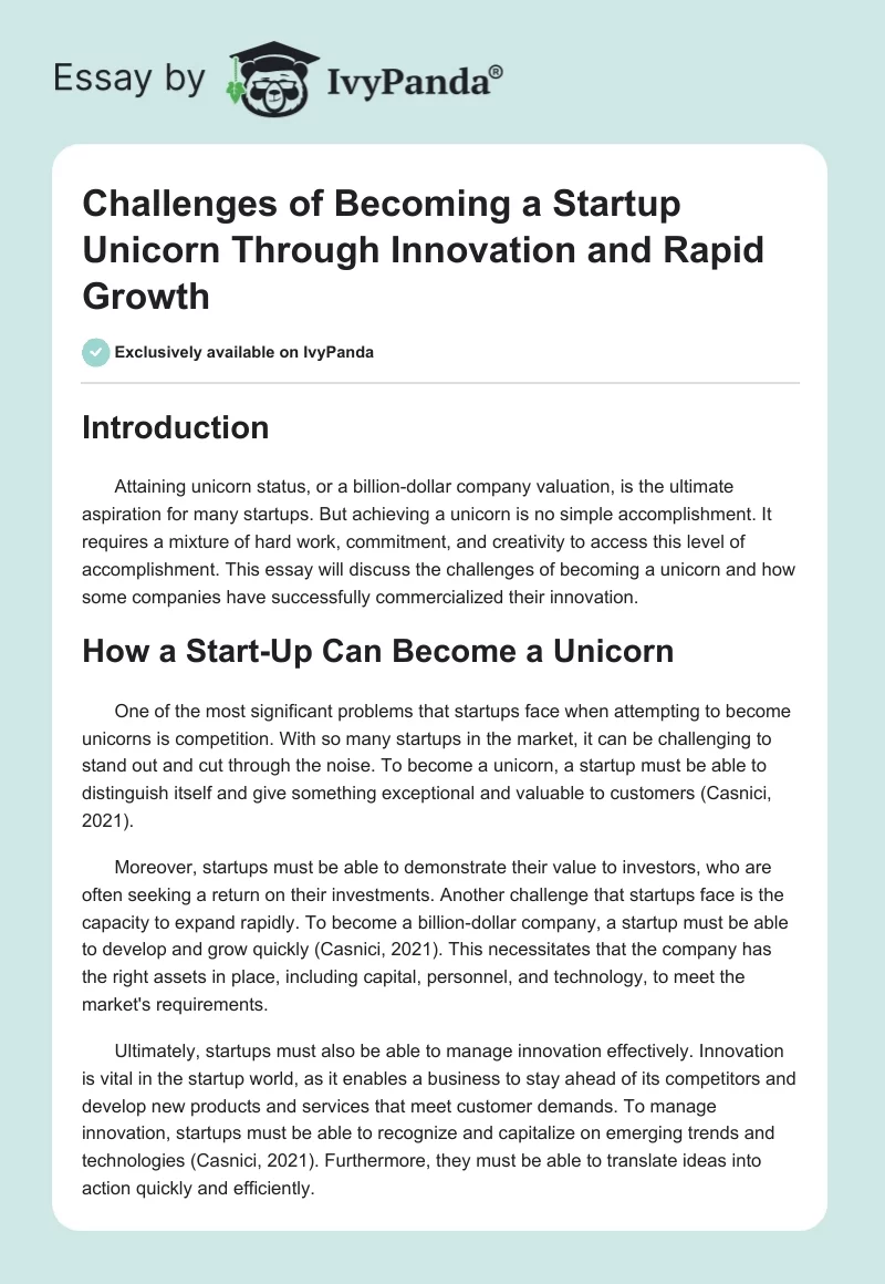 Challenges of Becoming a Startup Unicorn Through Innovation and Rapid Growth. Page 1