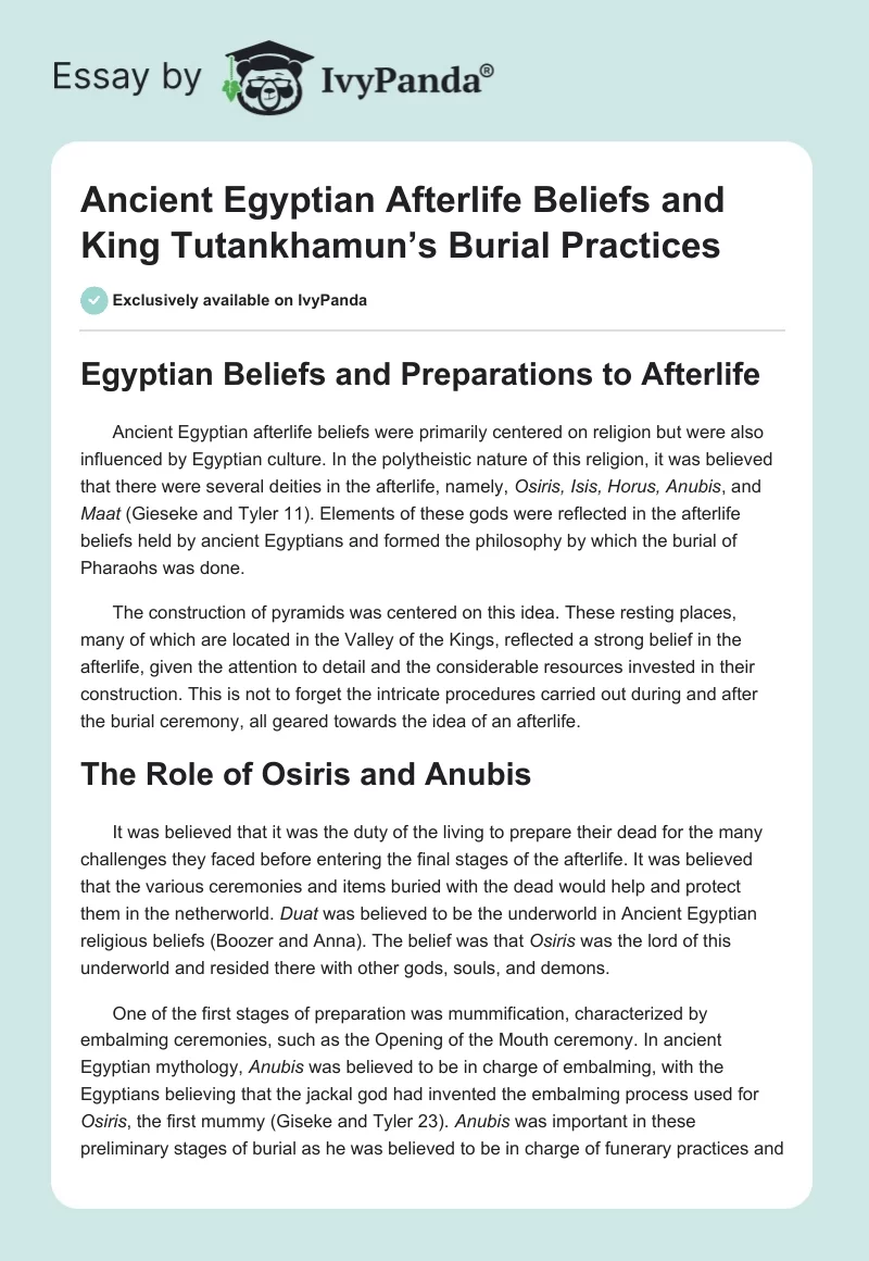 Ancient Egyptian Afterlife Beliefs and King Tutankhamun’s Burial Practices. Page 1