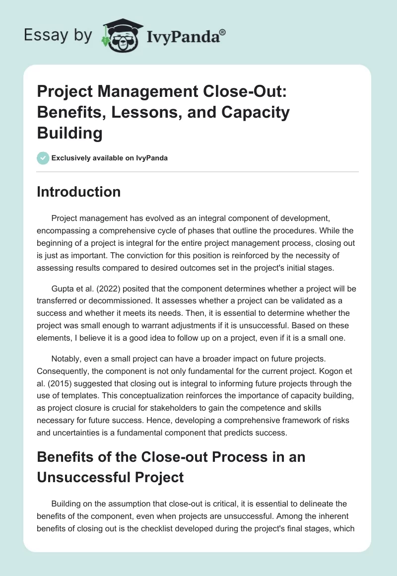 Project Management Close-Out: Benefits, Lessons, and Capacity Building. Page 1