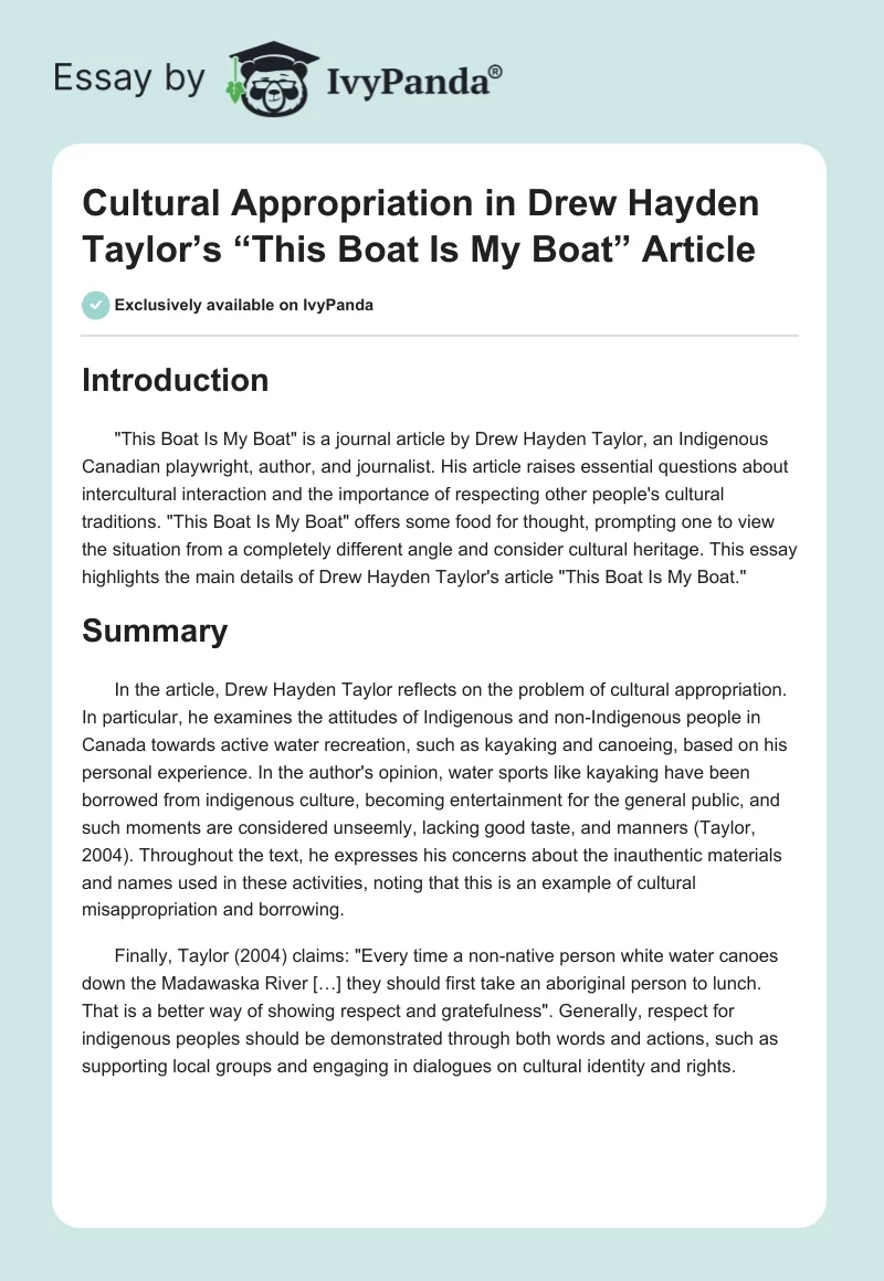 Cultural Appropriation in Drew Hayden Taylor’s “This Boat Is My Boat” Article. Page 1