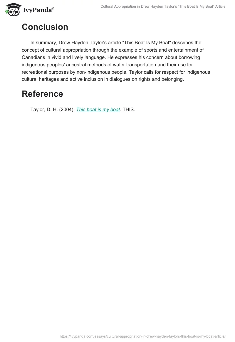 Cultural Appropriation in Drew Hayden Taylor’s “This Boat Is My Boat” Article. Page 2