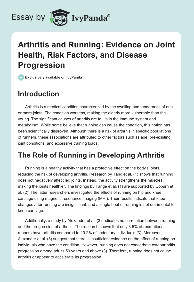 Arthritis and Running: Evidence on Joint Health, Risk Factors, and Disease Progression. Page 1