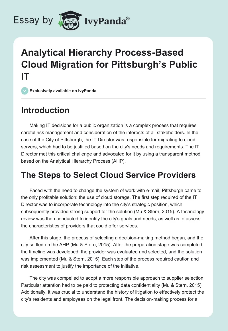 Analytical Hierarchy Process-Based Cloud Migration for Pittsburgh’s Public IT. Page 1
