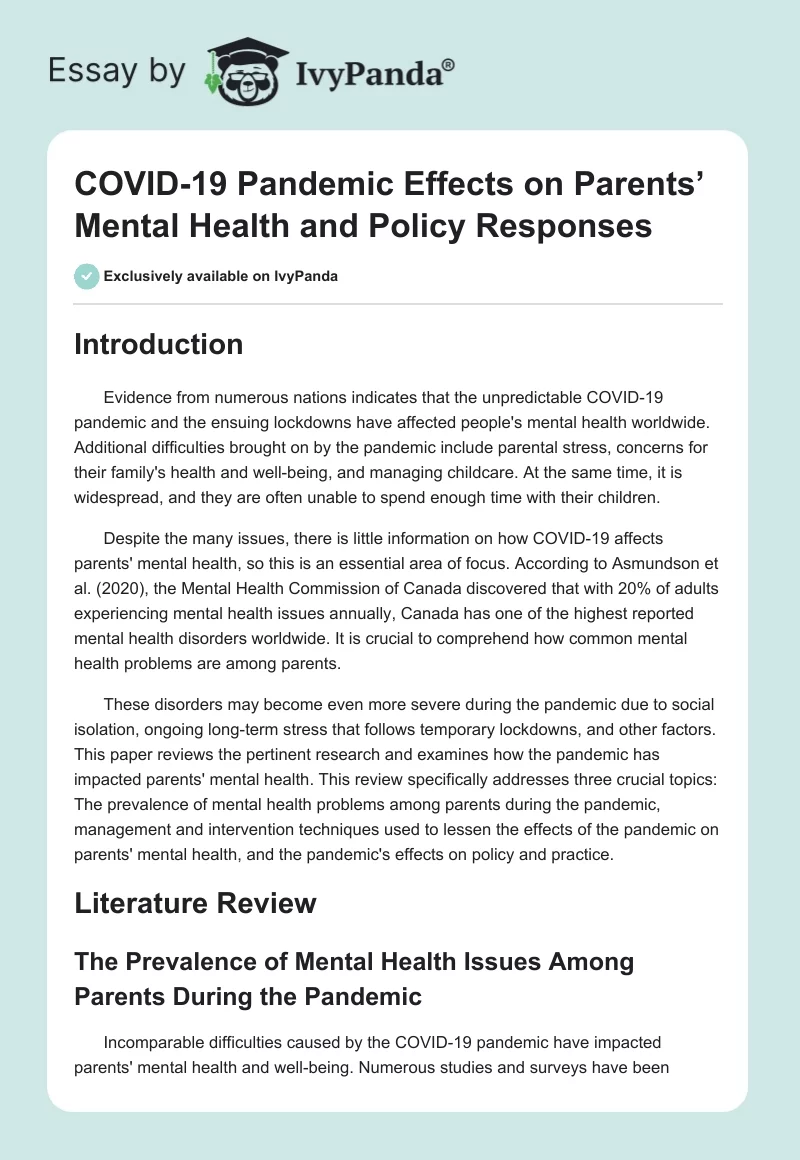 COVID-19 Pandemic Effects on Parents’ Mental Health and Policy Responses. Page 1