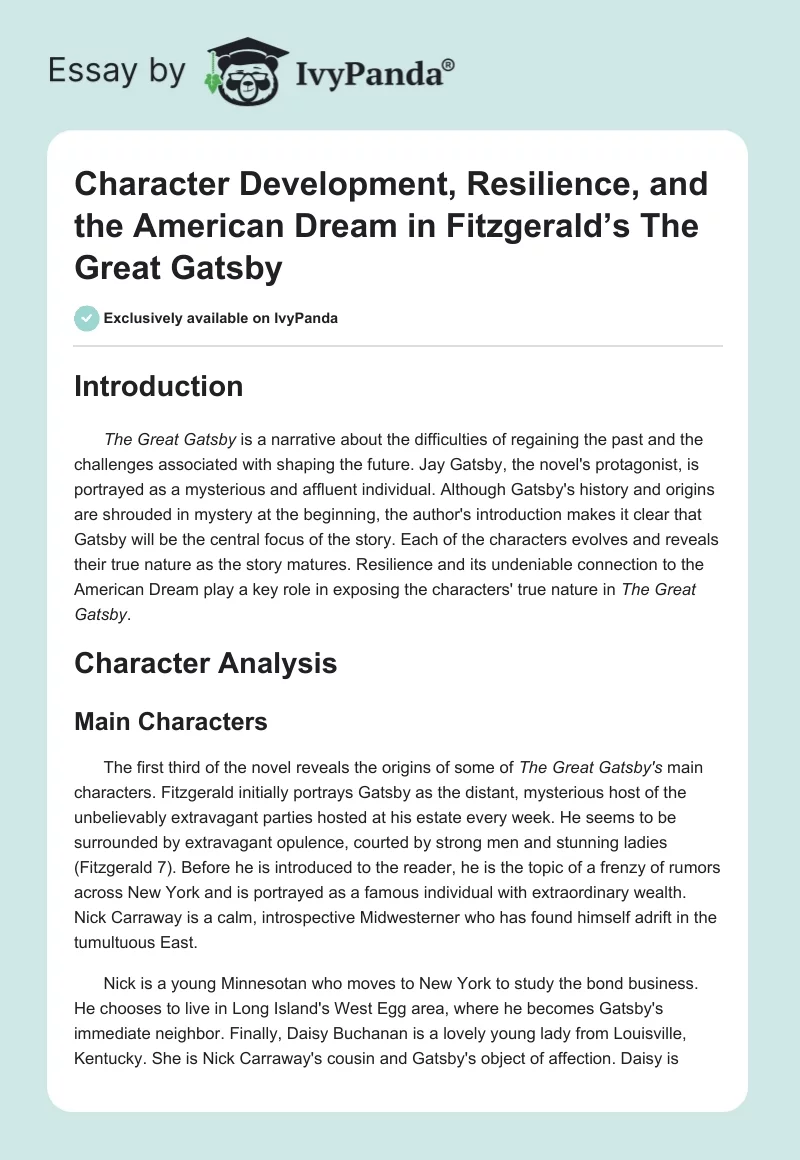 Character Development, Resilience, and the American Dream in Fitzgerald’s The Great Gatsby. Page 1