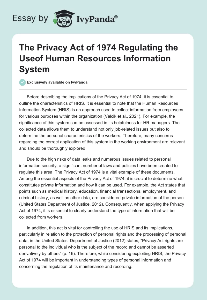 The Privacy Act of 1974 Regulating the Useof Human Resources Information System. Page 1