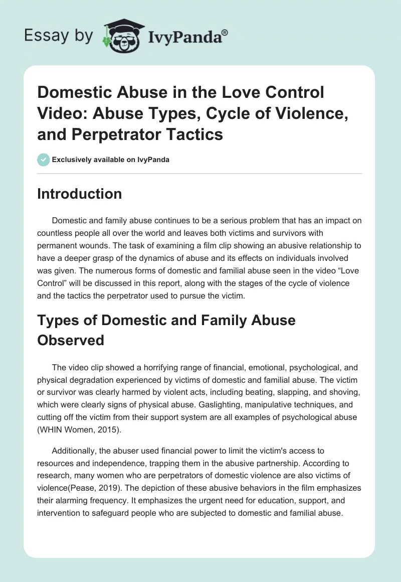 Domestic Abuse in the "Love Control" Video: Abuse Types, Cycle of Violence, and Perpetrator Tactics. Page 1