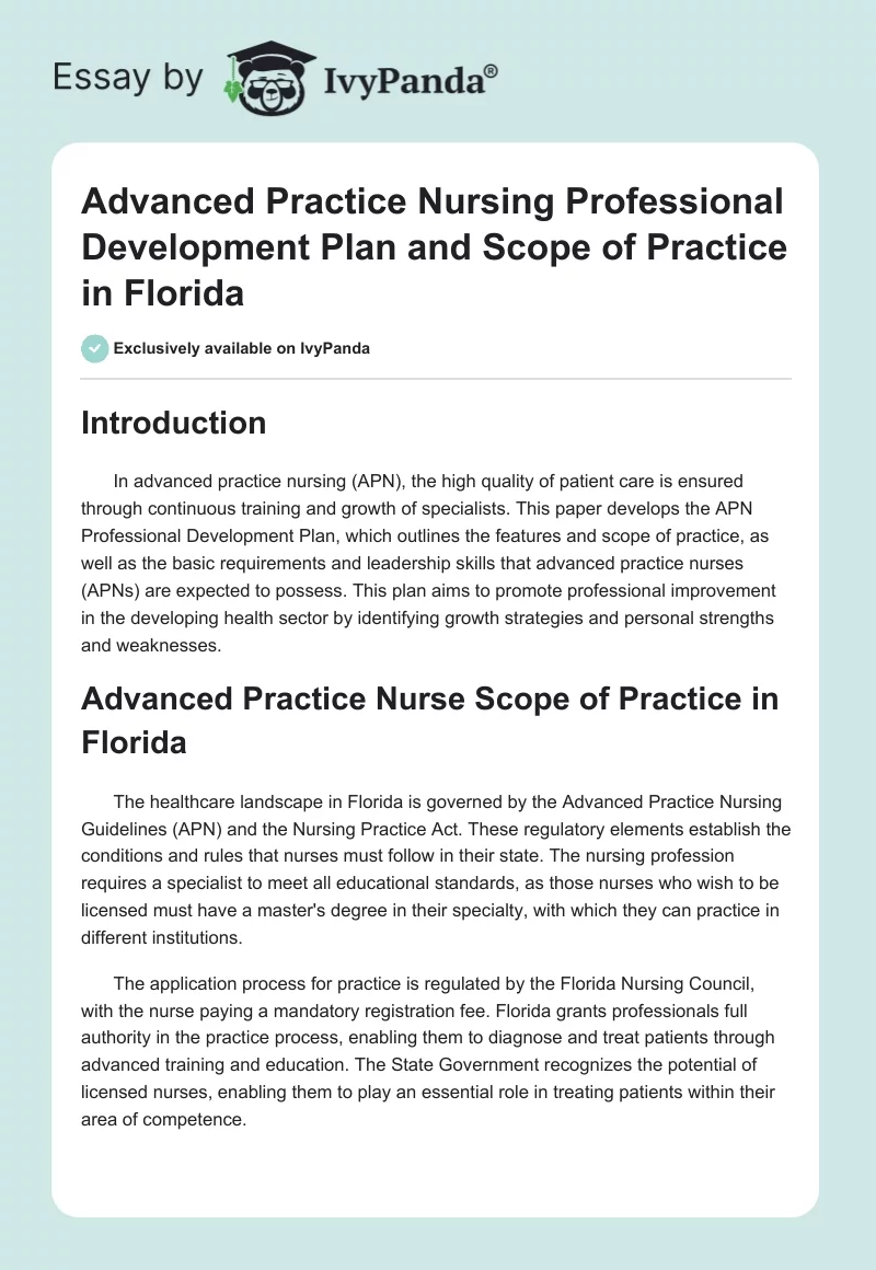 Advanced Practice Nursing Professional Development Plan and Scope of Practice in Florida. Page 1