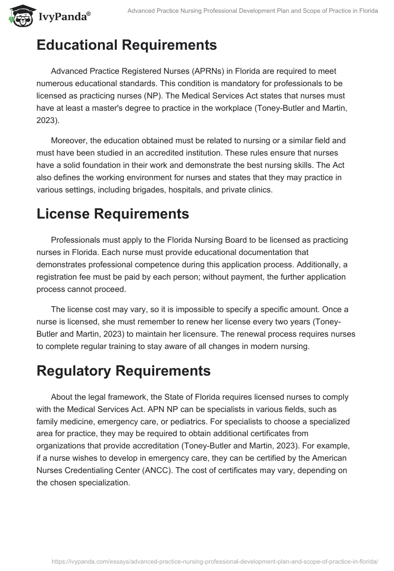 Advanced Practice Nursing Professional Development Plan and Scope of Practice in Florida. Page 2