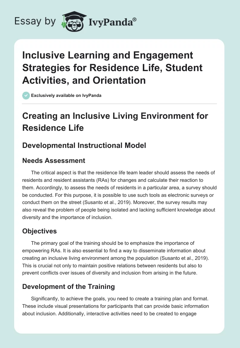 Inclusive Learning and Engagement Strategies for Residence Life, Student Activities, and Orientation. Page 1