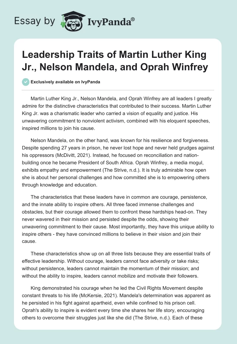 Leadership Traits of Martin Luther King Jr., Nelson Mandela, and Oprah Winfrey. Page 1