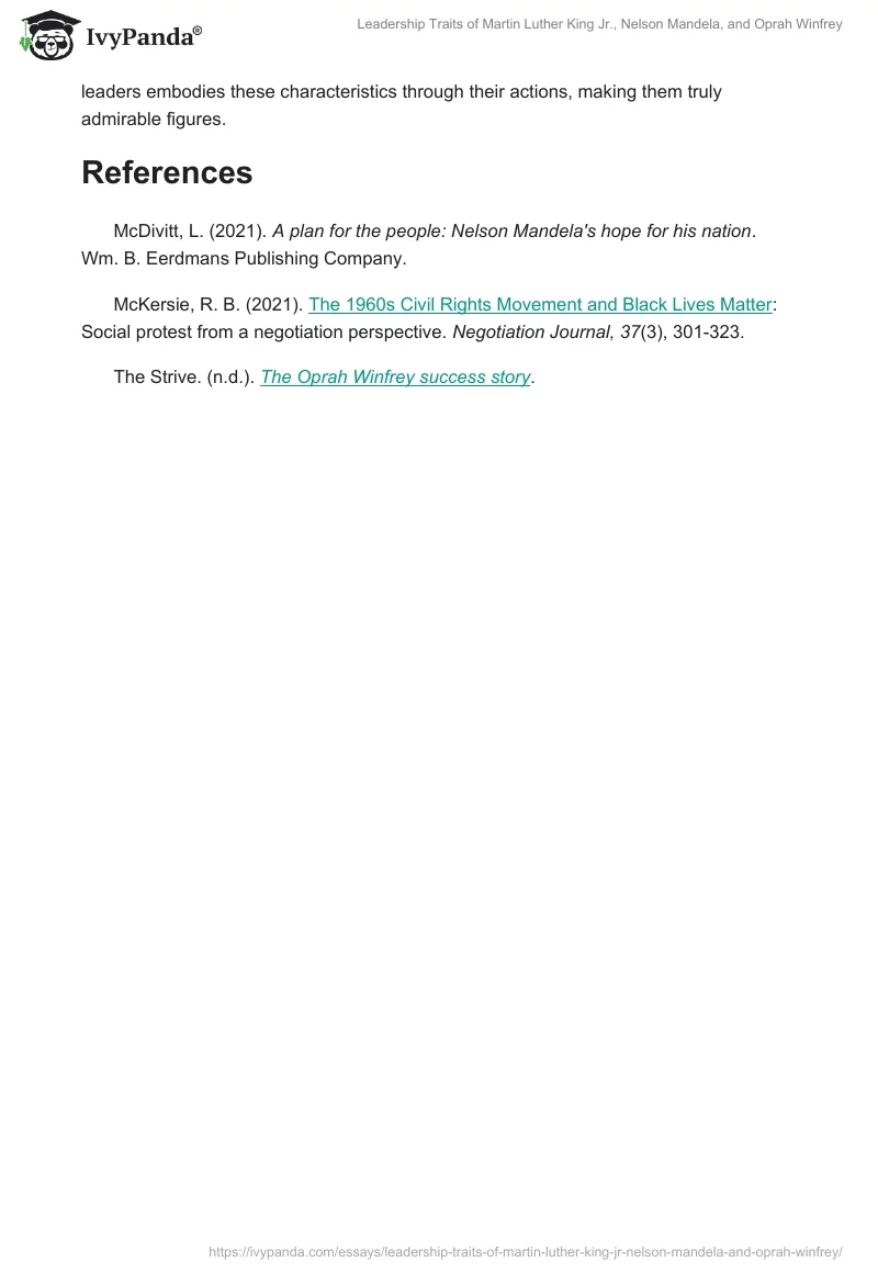 Leadership Traits of Martin Luther King Jr., Nelson Mandela, and Oprah Winfrey. Page 2
