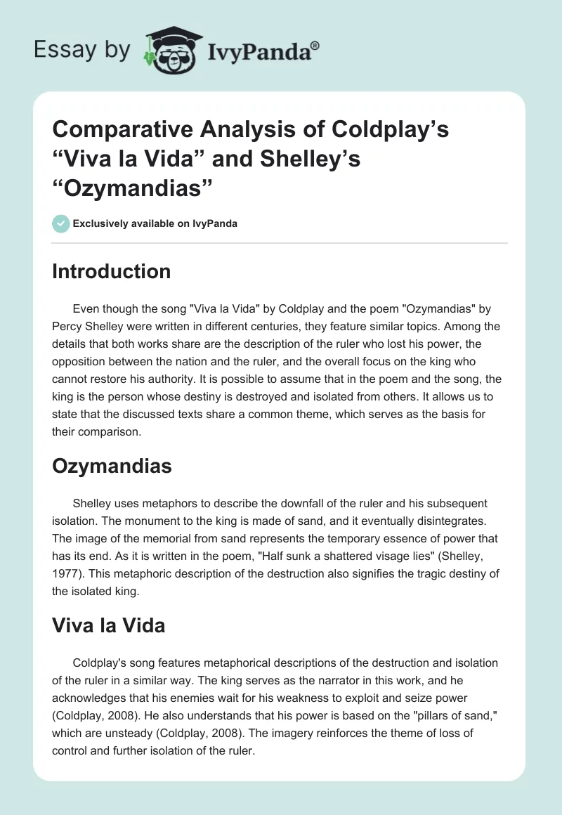 Comparative Analysis of Coldplay’s “Viva la Vida” and Shelley’s “Ozymandias”. Page 1