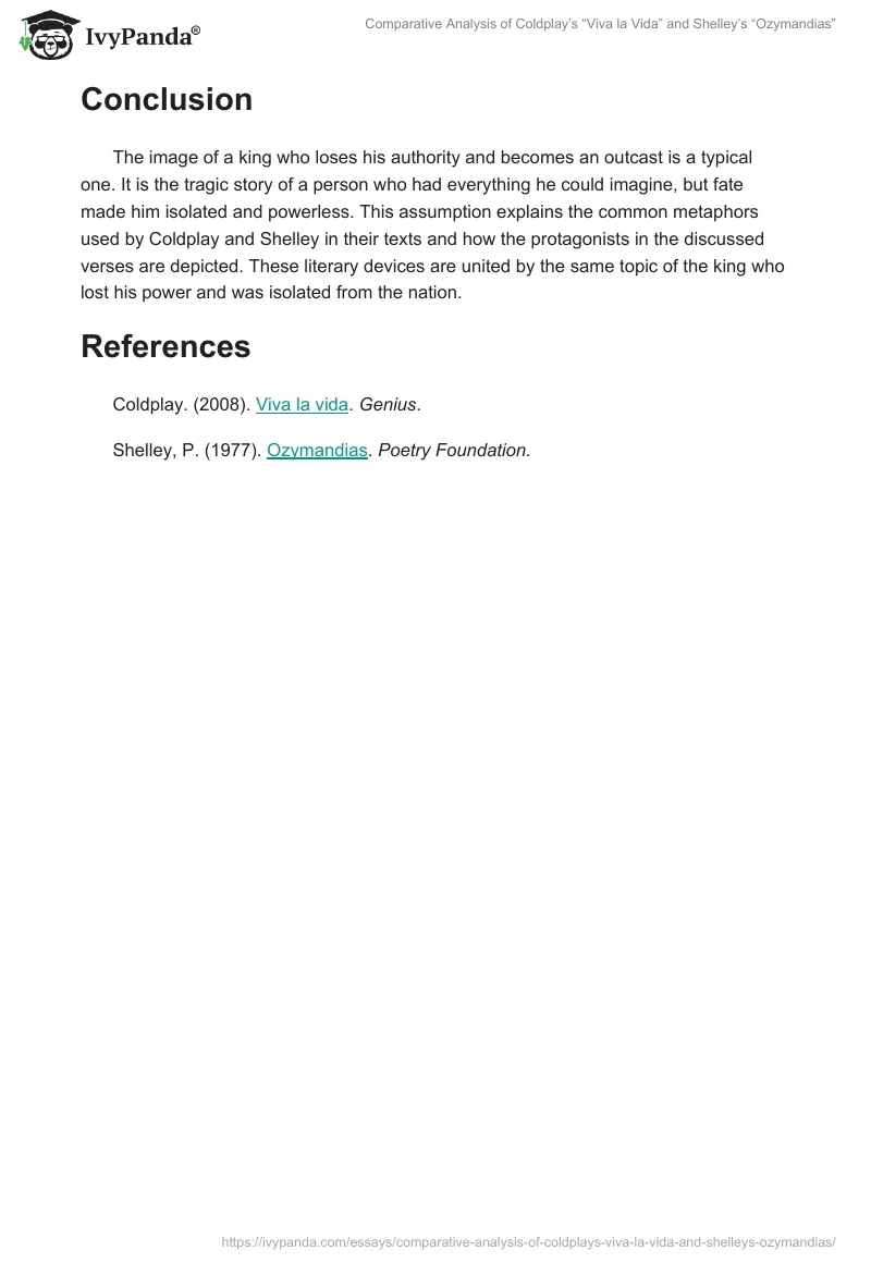 Comparative Analysis of Coldplay’s “Viva la Vida” and Shelley’s “Ozymandias”. Page 2