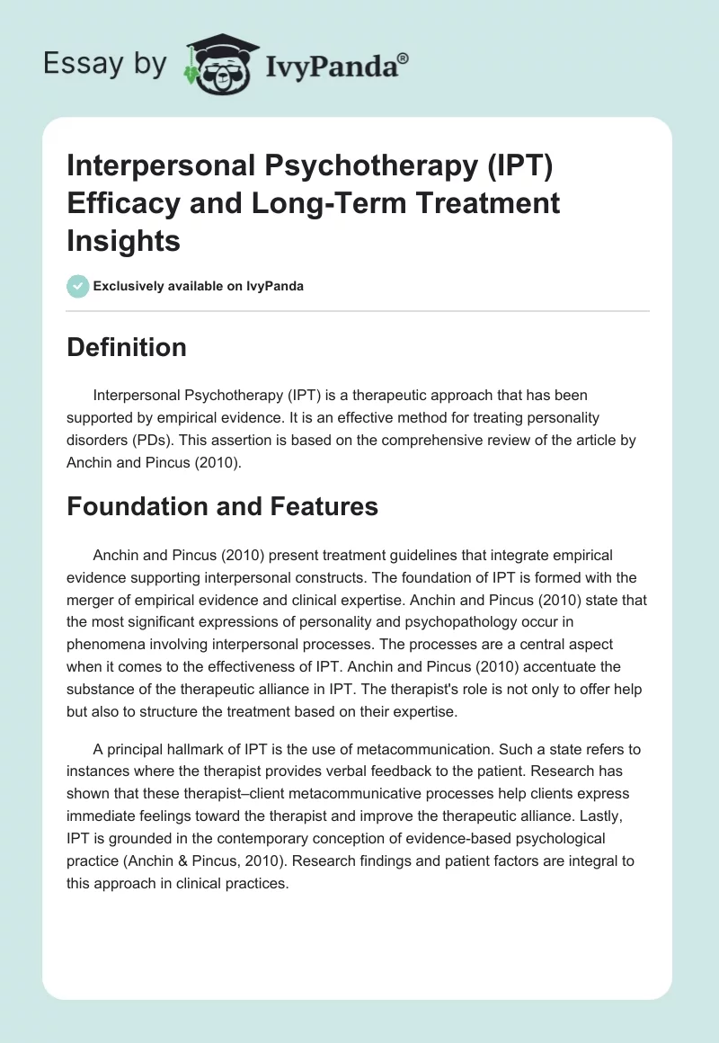 Interpersonal Psychotherapy (IPT) Efficacy and Long-Term Treatment Insights. Page 1